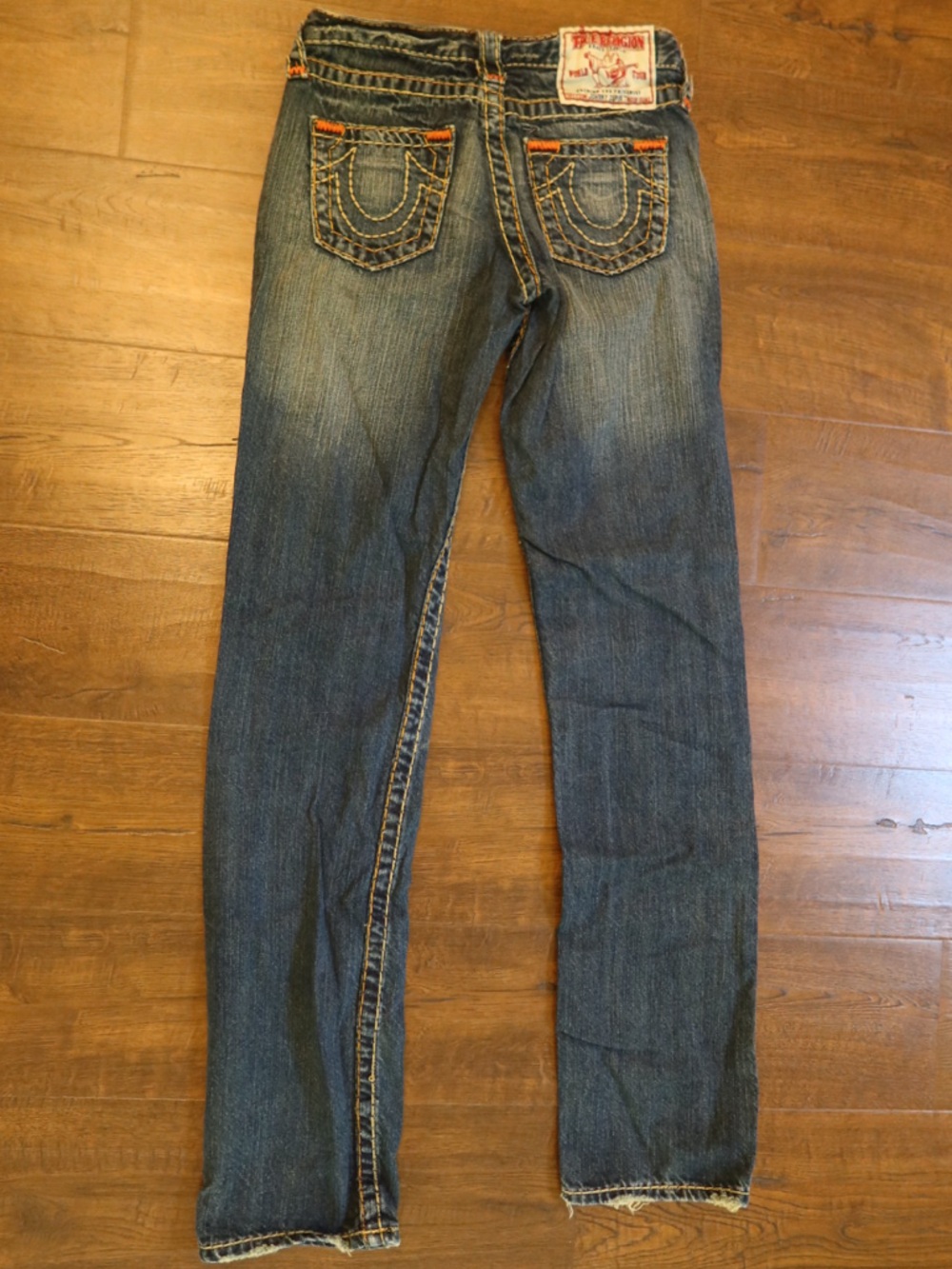 True Religion Indigo Denim Flare Jeans with Orange Stitching